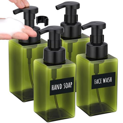 Segbeauty 15.2oz Plastic Green Foam Soap Dispensers with Labels, 4pcs Green Square Refillable Foaming Pump Bottle for Liquid Soap, 450ml Bathroom Shampoo Face Hand Wash Containers with Foaming Pump - color: Green, style: 4pcs 15.2oz