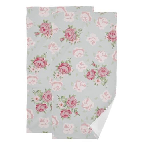 2 Pack Pink Rose Hand Towels for Bathroom,Soft Absorbent Vintage Spring Chic Flower Romantic Blue Style Decorative Guest Face Bathroom Towels,Quick Dry Red Floral Style Kitchen Towels 14"x28" - color: Pink Blue