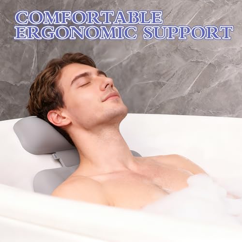 Silicone Bath Pillow, Upgraded Bath Pillows for Tub, Adjustable Height Bathtub Pillow for Head and Neck, 4D Luxury Tub Pillow Skin-Friendly Large Suction Cups Stability, Spa Relaxation-Grey