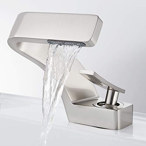 becola Bathroom Sink Waterfall Faucet,Solid Brass Single Handle Hot and Cold Water Mixer Tap, Lavatory Vanity Sink Faucet Including Two US Standard 3/8" Hoses(Brushed Nickel) - color: Brushed Nickel