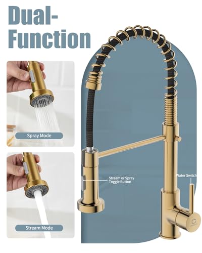 Kitchen Faucet, Brushed Gold Faucet for Kitchen Sink, Kitchen Sink Faucet with Pull Down Sprayer, Single Handle Stainless Steel Kitchen Faucets with Dual Function Spray Head - color: C-Brushed Gold, style: Classic