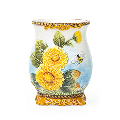 Ceramic Sunflower Bathroom Accessories Set, 4 Piece Bathroom Ensemble Set with Toothbrush Holder, Toothbrush Cup, Soap Dispenser, Soap Dish - color: Yellow