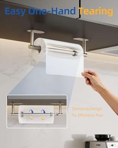 RUACQ Paper Towel Holder Under Cabinet, One Hand Tearing Paper Towel Holder with Damping Effect, Wall Mount & Adhesive Stainless Steel Paper Roll Holder for Kitchen Bathroom (Sliver) - color: Sliver, size: One Hand Tear - Oval