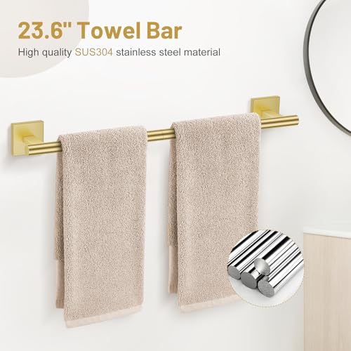 Lairuier Brushed Gold Bathroom Accessories, Towel Bar Set Wall Mounted | 5 Pieces Bathroom Hardware Set, SUS304 Stainless Steel Double Base 23.6" Towel Bar, Towel Ring, Toilet Paper Holder & Hooks - color: Brushed Gold, size: 5 Pieces - Double Base