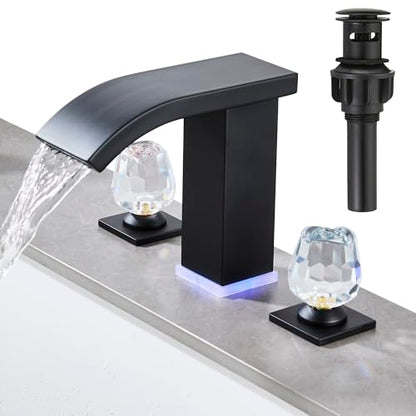 Bathroom faucets 3 Hole Widespread Modern Bathroom Sink Faucet 8 inch Matte Black Bathroom 3 Hole LED Light Waterfall Vanity Faucet Sink with Pop Up Drain (Matte Black) - color: Matte Black