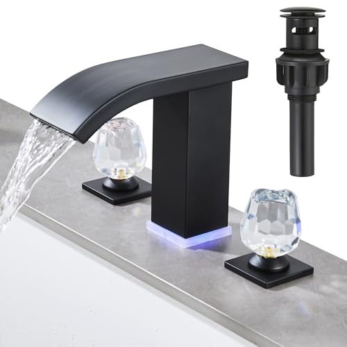 Bathroom faucets 3 Hole Widespread Modern Bathroom Sink Faucet 8 inch Matte Black Bathroom 3 Hole LED Light Waterfall Vanity Faucet Sink with Pop Up Drain (Matte Black) - color: Matte Black
