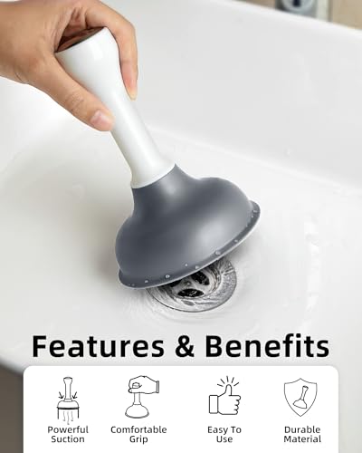 MR.SIGA Mini Drain Plunger, Sink Drain Plunger with Strong Suction | Compact design, powerful small plunger for bathroom and kitchen sinks, tubs, shower drains, 6.3inch/16cm tall, white & gray
