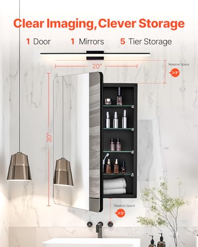 VEVOR Medicine Cabinet, 20 x 30 inch, Medicine Cabinet for Bathroom with Mirror, Aluminum Frame Bathroom Wall Cabinet, 4-Layer Adjustable Shelves, Recessed & Wall-Mounted Installation - size: 20x30in