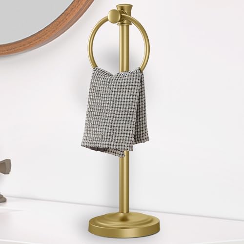 Hoimpro Hand Towel Holder Free Standing Towel Bar Brushed Gold | Hanging Floor Hand Towel Rack Ring, for Bathroom Kitchen Vanity Countertops, Hardware Accessories SUS 304 Heavy-Duty Base - color: Gold