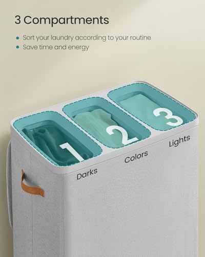 SONGMICS Laundry Basket, 50.2 Gal. Laundry Hamper, 3 Compartments, Easy Assembly, with Lid and Handles, Removable Liners, 25.2 x 15.7 x 29.5 Inches, Dove Gray ULCB814GD01 - color: Dove Gray, size: 190 L (3-Section)