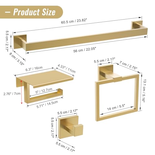 YACVCL Brushed Gold Bathroom Hardware Accessorie Set 23.6 Inch Towel Bar Set 5-Pieces Towel Rack&Holder Set for Bathroom,Upgraded Toilet Paper Holder with Shelf,Stainless Steel Wall-Mounted - color: 5 Pcs Brushed Gold