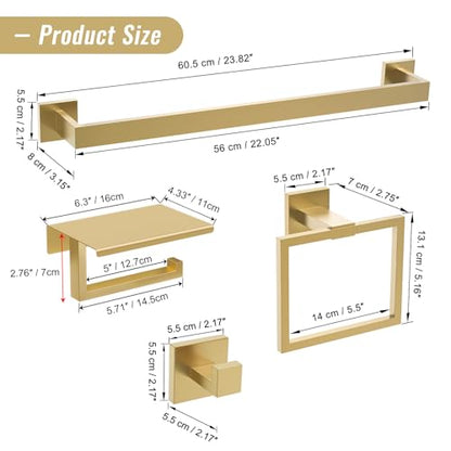 YACVCL Brushed Gold Bathroom Hardware Accessorie Set 23.6 Inch Towel Bar Set 5-Pieces Towel Rack&Holder Set for Bathroom,Upgraded Toilet Paper Holder with Shelf,Stainless Steel Wall-Mounted - color: 5 Pcs Brushed Gold