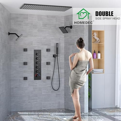 HOMEDEC Dual Side 6" Wall Mounted and 15.7x31.5" Shower Head System, with Handheld and 6 Spray Jets, Ceiling Mount Rain Shower Faucet Set, Black - color: Black, style: 5-Way + 2x 6" Top