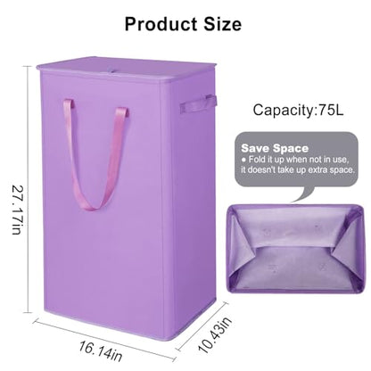 Odonata 75L Slim Laundry Hamper with Lid,Large Foldable Laundry Basket with Removable Bag and Handles Tall Collapsible Dirty Clothes Basket Great for Bedroom, Bathroom, Dorm, College,RV.(Purple, 75L) - color: Purple