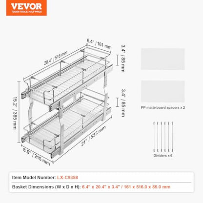 VEVOR Pull Out Cabinet Organizer,8.5" W x 21" D x15.2 HHeavy Duty Slide Out Pantry Shelves, Chrome-Plated Steel Roll Out Drawers for Home, 10" Wx22 Dx19 H Inside Kitchen Cabinet, Bathroom, Under Sink - size: 8.5"W x 21"D x15.2"H
