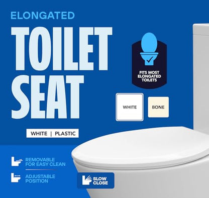 HIGHCRAFT Premium Elongated Toilet Seat with Slow-Close Design, Adjustable Hinges & Quick Removal Mechanism - Plastic Toilet Seat - Fits Standard Elongated Toilets - Oval Toilet Seat in White - color: White, size: Elongated