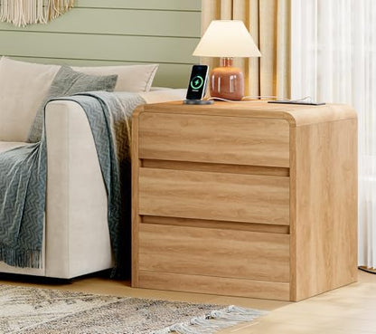 Night Stand, NightStand with 3 Storage Drawer and Charging Station, Bedside Table, Modern End Tables Wide Night Stands for Bedroom Sofa Couch Home Office, Natural - color: Unbzx026rd-zf