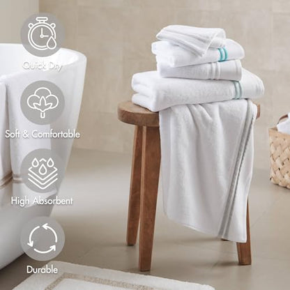 Madison Park Roan Border Cotton Bath Towel Set Absorbent, 6 Piece, White | Microfiber, Soft Pile, Machine Washable, OEKO-TEX Certified, Plush Bathroom Mat, Non Slip TPR Backing - color: White