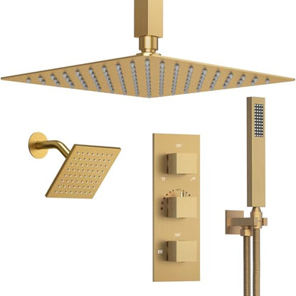 3-Function Thermostatic Shower System with Dual Rainfall Heads, Handheld Sprayer Brushed Gold - color: Brushed Gold