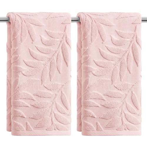 Artoid Mode 2 Pcs Pink 3D Leaves Jacquard Hand Towels for Bathroom, 100% Cotton Soft Absorbent Bathroom Decor Towels, 13.7 x 29.5 Inch - color: Pink, size: 13.7" x 29.5", 2PCS