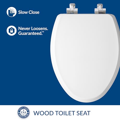 Mayfair Bennett Toilet Seat with Chrome Hinges, Slow Close Wood Seat, Secure Metal Hinges, Easy Install, Made in USA, Elongated, White - color: Chrome, size: Elongated