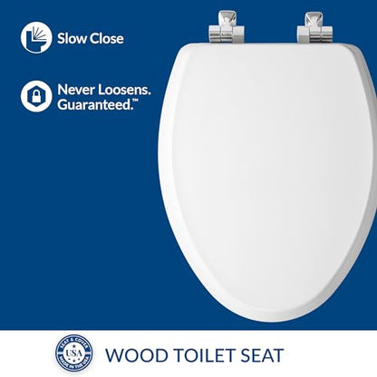Mayfair Bennett Toilet Seat with Chrome Hinges, Slow Close Wood Seat, Secure Metal Hinges, Easy Install, Made in USA, Elongated, White - color: Chrome, size: Elongated