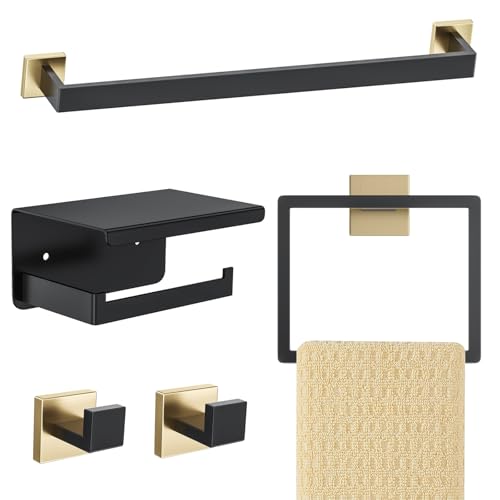 Black and Gold Bathroom Hardware Accessories Set 5-Pieces Towel Bar Set Stainless Steel Towel Holder Set 16 Inch Towel Bar,Towel Racks Set for Bathroom Wall Mounted - color: Black&gold