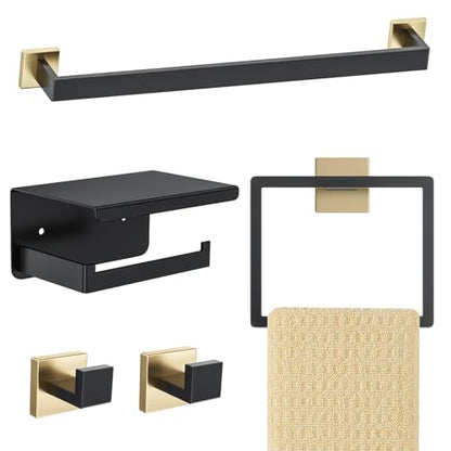 Black and Gold Bathroom Hardware Accessories Set 5-Pieces Towel Bar Set Stainless Steel Towel Holder Set 16 Inch Towel Bar,Towel Racks Set for Bathroom Wall Mounted - color: Black&gold