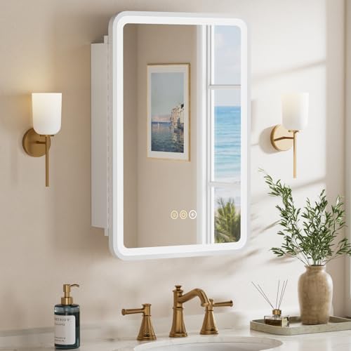 16x24 Inch Medicine Cabinet with Mirror and Lights for Bathroom, White | Recessed or Surface Mount, Anti-Fog, Memory Function, Adjustable Shelf, Dimmable Light, ETL Listed, Left Hinge - color: White, size: 16x24" Left Hinge