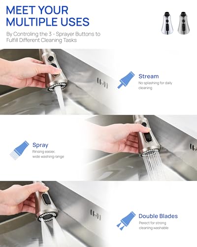 Pull Down Kitchen Faucet Head Replacement Brushed Nickel with 15 Adapters | 3 Functions High Pressure Sink Spray Nozzle, Kitchen Faucet Spray Head, Kitchen Sink Sprayer Head Replacement - color: Brushed Nickel