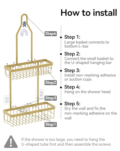 Never Rust Shower Caddy Hanging, Aluminum Shower Racks for Inside Shower, 2-Tier Shower Organizer Hanging Over Shower Head with Hooks and Soap Holder, Gold - color: Gold