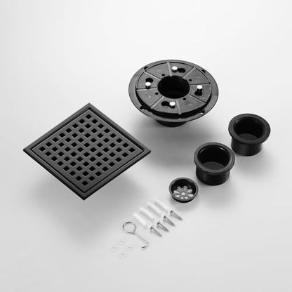 Shower Drain, Matte Black 6 inch Square Shower Floor Drain with Flange, Removeable Grid Panel SUS 304 Stainless Steel Square Shower Drain - color: Matte Black, size: 6 inch