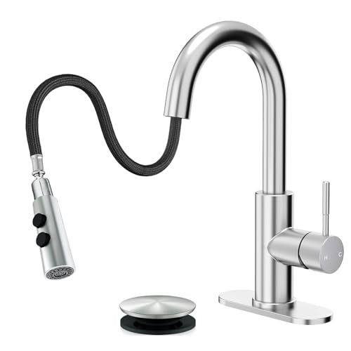 Bathroom Faucets with Pull Down Sprayer, Bar Sink Faucet Single Hole for Kitchen Campers with Pop-Up Drain Hose, Suitable for Farmhouse Vanity Lavatory - color: Brushed Nickel, style: Pull Down