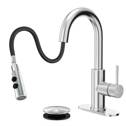 Bathroom Faucets with Pull Down Sprayer, Bar Sink Faucet Single Hole for Kitchen Campers with Pop-Up Drain Hose, Suitable for Farmhouse Vanity Lavatory - color: Brushed Nickel, style: Pull Down