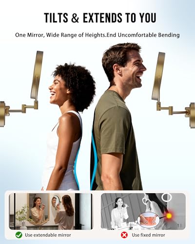 10" Lighted Wall Mounted Makeup Mirror Swing Arm with 5X Magnification | Rechargeable, 3-Color Touch Sensor Dimmable, Double-Sided Bathroom Makeup Magnifying Vanity Extendable, Brushed Antique Brass - color: Brushed Antique Brass