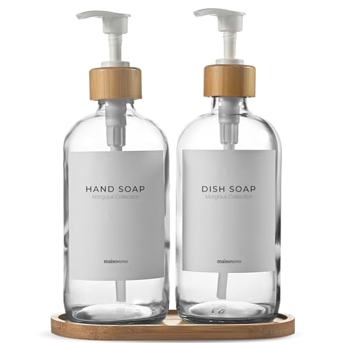 Maisonovo Dish Soap Dispenser Set - Clear Soap Dispenser White Bamboo Pumps | Glass bottles for body wash, lotion, shampoo or conditioner · Sink, bathroom or countertop · Tray, 16.9 oz each - color: Clear Bottles White Bamboo Pumps