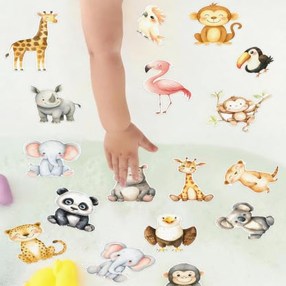 Whaline 24Pcs Woodland Animal Bathroom Non Slip Stickers Waterproof Anti Slip Bathtub Treads with Scraper Cartoon Forest Animal Adhesive Decals for Bathroom Shower Floor Decor
