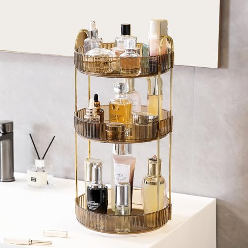 Aveniee Rotating Makeup Organizer for Vanity, 3 Tier Perfume Organizers and Storage for Bathroom Countertop, Clear Spinning Skincare Counter Shelf Holder for Dresser,Brown - color: Tea Brown, size: Standard-3 Tier
