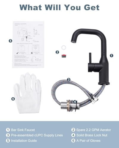 Bar Sink Faucet Single Hole: ARCORA Matte Black Wet Bar Faucets - Prep Sink Faucet 360 Swivel - Small Kitchen Bathroom Faucet with cUPC Supply Lines - color: Matte Black