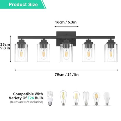 Matte Black Bathroom Vanity Light, 5-Light Modern Vanity Lighting Fixtures Over Mirror with Clear Glass Shade,Square Design,Wall Sconces for Living Room Cabinet Bedroom,E26 Socket - size: 5-Light