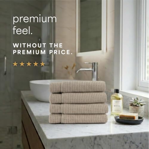 S&T INC. Aura Waffle Bath Towels, 4 Pack, 30" x 60", Beige | Quick-Dry, 420GSM, Absorbent Microfiber, Lightweight, Sewn-In Hang Loop, Compact for Home, Gym, and Travel - color: Beige