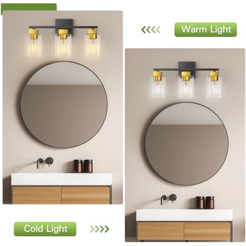 Black and Brushed Gold Bathroom Vanity Light, 3-Light Vanity Lighting fixtures Over Mirror, Square Design & UL Certification, Wall Sconces with Clear Glass Shades, E26 Socket (Bulbs Not Included) - color: Black and Brushed Gold, size: 3 Light