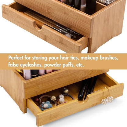 GOBAM Makeup Storage Drawer Organizer Bamboo Wood Cosmetic Display Box, Large Capacity Bathroom Beauty Countertop Organizer, Great for Bathroom Dresser - size: X-Large