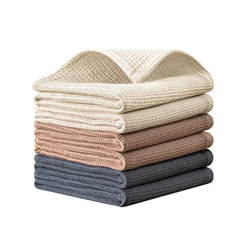 QUILTINA Dish Towels Set, 100% Cotton Waffle Weave Kitchen Towels 6 Pack, 17 x 25 Inches, Super Absorbent for Drying and Cleaning, Beige, Brown, Dark Grey - color: Beige, Brown, Dark Grey, size: 17 x 25 - 6 Pack