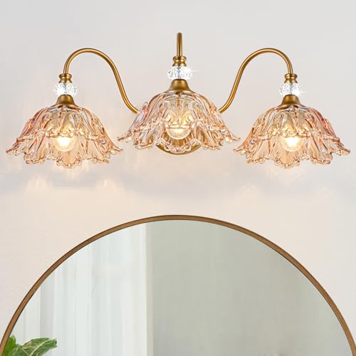 Vintage Bathroom Vanity Light, 3-Light Matte Brass Finish Vanity Light with Flower-Shaped Amber Glass Shades, Retro Wall Sconce for Bathroom, Dressing Table - color: Brass and Amber, size: 3-Light