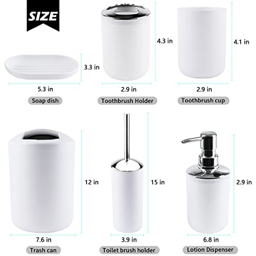 Compact 6-Piece White Plastic Bathroom Accessories Set with Small Trash Can, Soap Dispenser, Toothbrush Holder, Cup, Soap Dish, Toilet Brush for Guest Bathroom Dorm Apartment - color: White