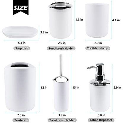 Compact 6-Piece White Plastic Bathroom Accessories Set with Small Trash Can, Soap Dispenser, Toothbrush Holder, Cup, Soap Dish, Toilet Brush for Guest Bathroom Dorm Apartment - color: White