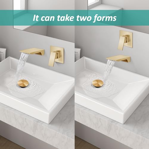 Wall Mount Bathroom Faucet, Waterfall Tub Filler, Brushed Gold | SUS304 Waterfall Spout, Rough-In Valve, Single-Handle Control, 1/2-Inch NPT, Flexible Handle Placement - color: Brushed Gold