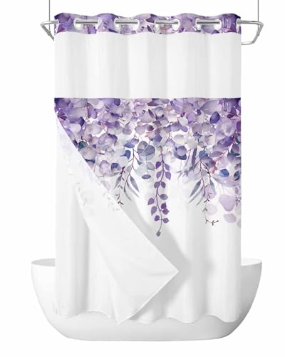 No Hook Shower Curtain and Snap in Liner Set, Purple Eucalyptus Fabric Bathroom Stall Shower Curtains 54x78, See Through Mesh Top Window, Spring Summer Botanical Floral Leaves Country Hotel Style - color: Purple, size: 54"W x 78"L (Pack of 1)