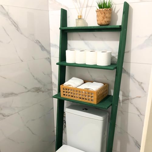 Over The Toilet Birch Wood Bathroom Organizer Shelves, 3-Tier Freestanding Above Toilet Storage Ladder Shelf, Standing Space Saver Behind Toilet Small Bathroom Organizer (Verde) - color: Verde
